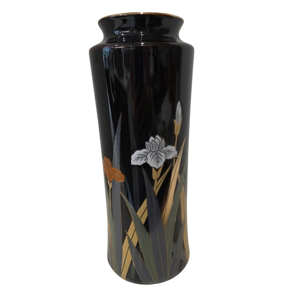 Otagiri Japan Vintage Black Ceramic Iris Floral‎ Bud Vase Gold Rim 10.5 Inch
